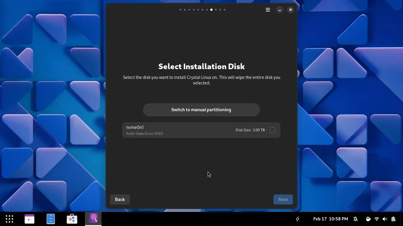 Particionamento Automático, bem útil se você vai instalar apenas o Crystal Linux sem separar a /home