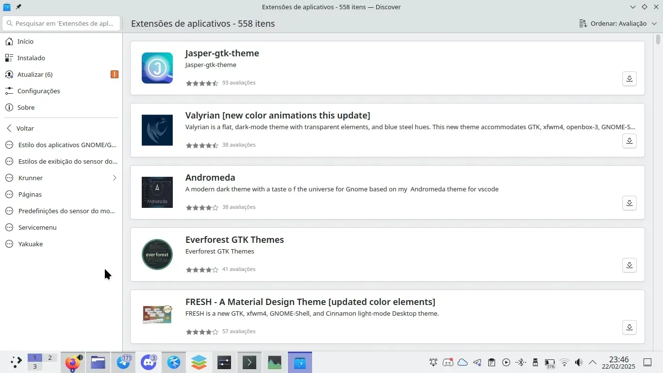 Extensões dos Aplicativos do KDE podendo ser instaladas diretamente da Discover