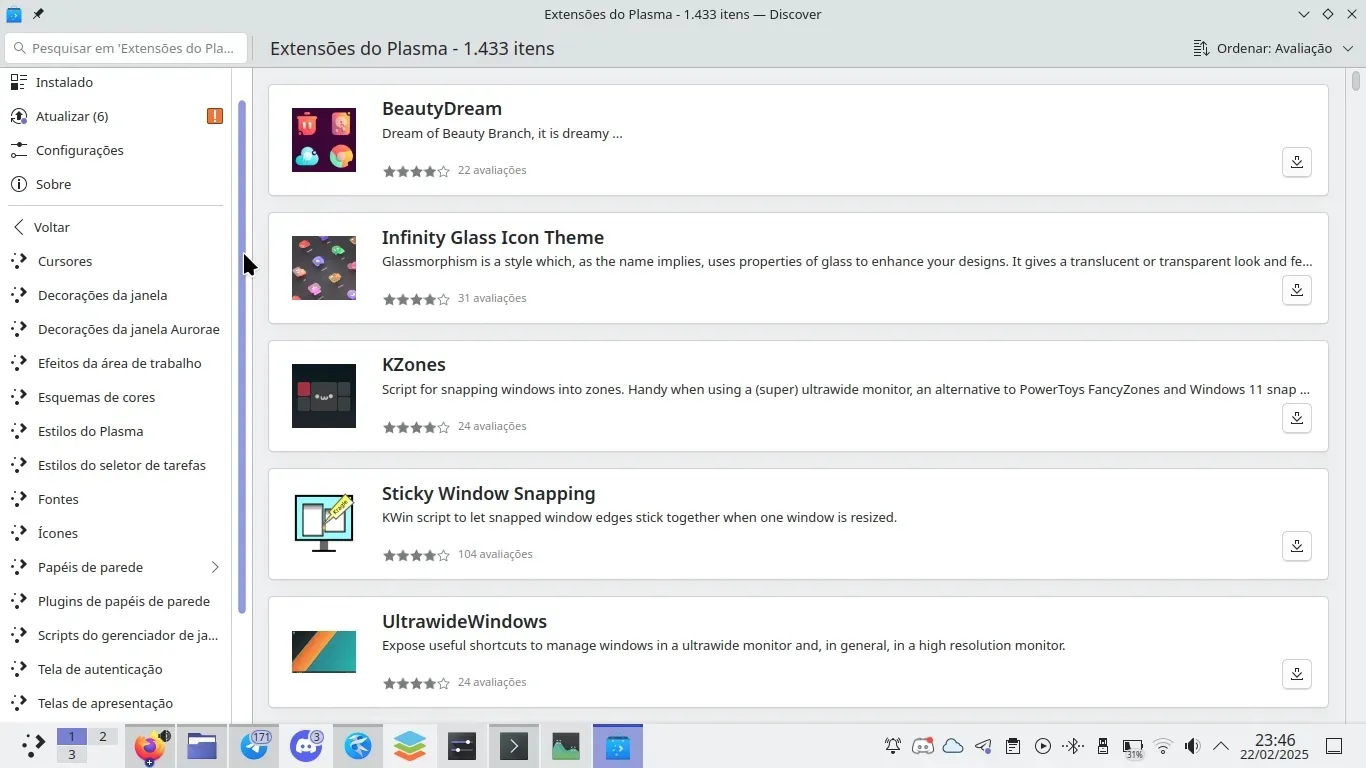 Extensões do Plasma podendo ser instaladas diretamente da Discover