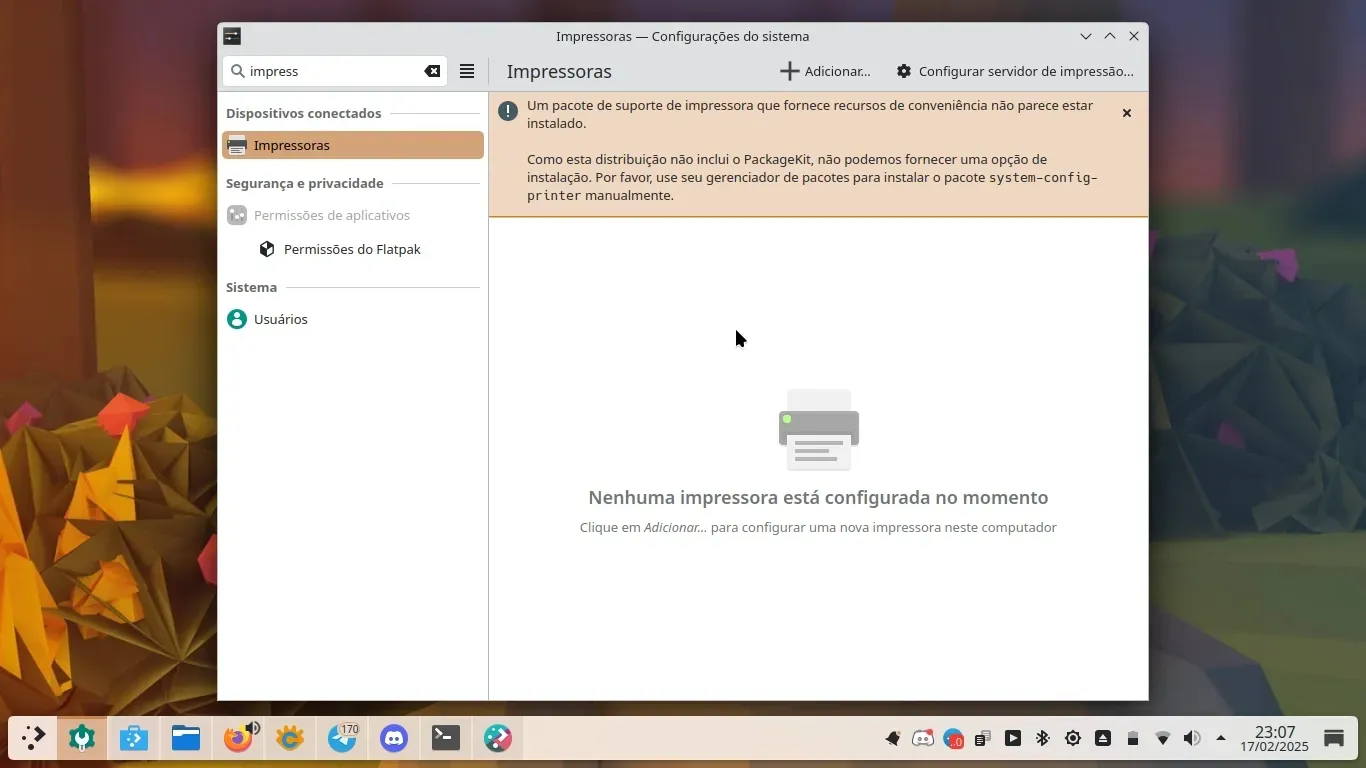 … porém, o painel de Configurações da Impressora não estava funcionando