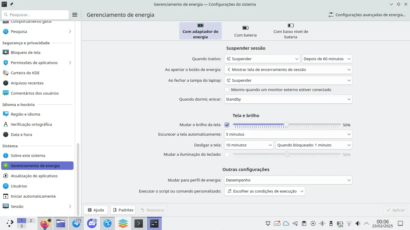 Configurações de Energia quando o Notebook está na Tomada