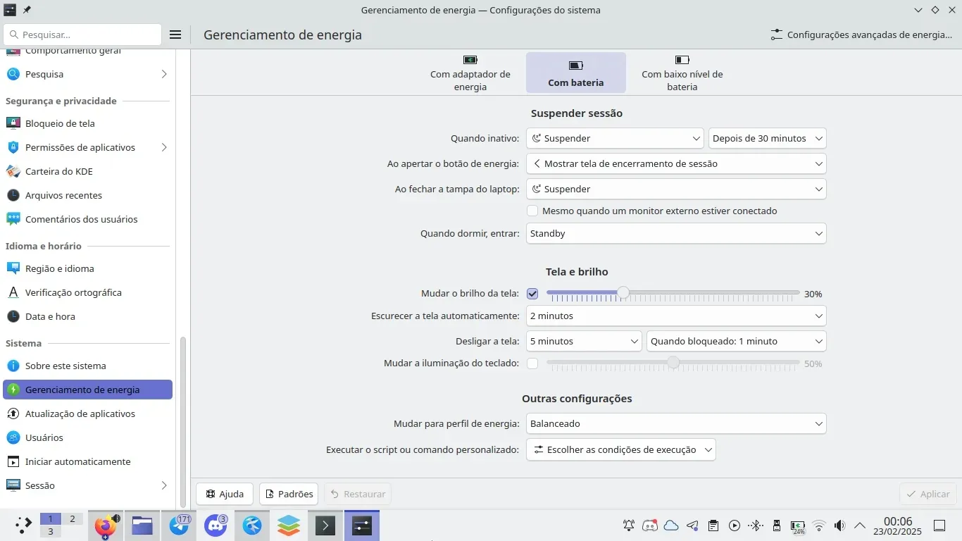 Configurações de Energia quando o Notebook está na Bateria