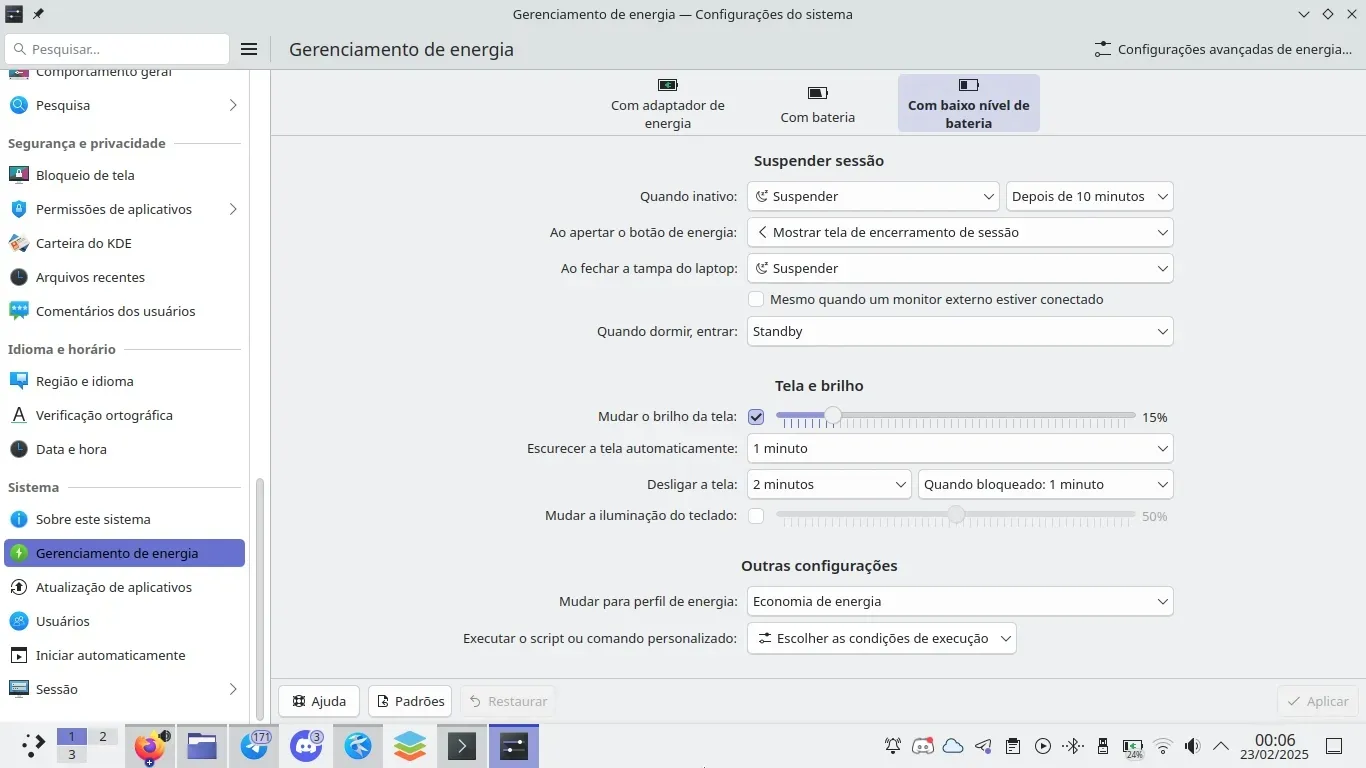 Configurações de Energia quando o Notebook está com Bateria Baixa