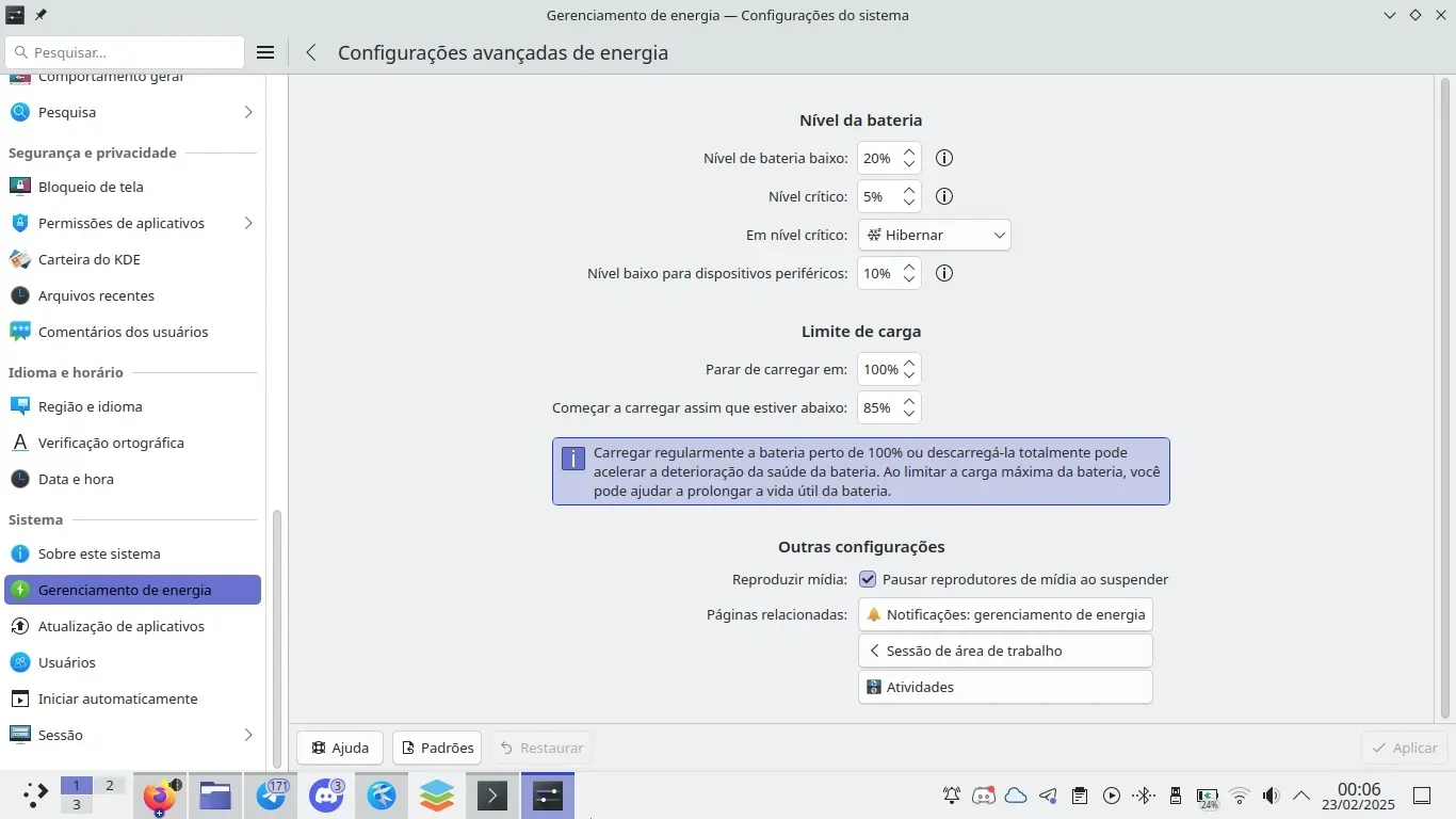 E como não pode deixar de ser, o Plasma oferece configurações avançadas para gerenciamento de energia