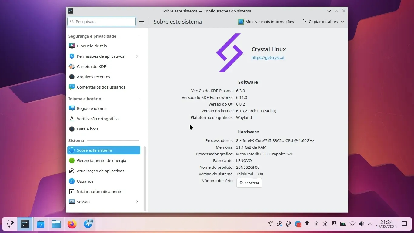 Crystal Linux instalado no meu Notebook