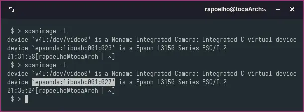 … mas o ID do Scanner muda toda vez que o USB é Desconectado e Reconectado