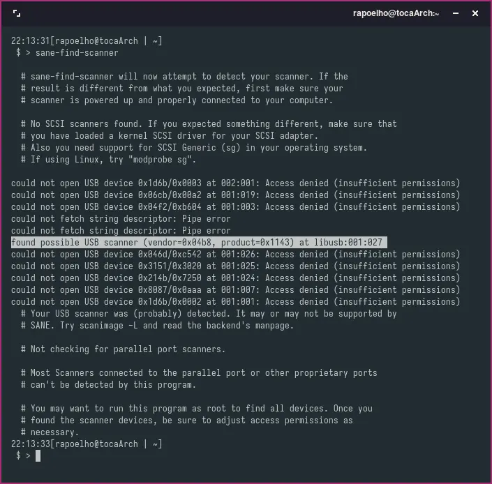 O sane-find-scanner escaneia por todas as saídas USB em busca de dispositivos que possam ser um Scanner…