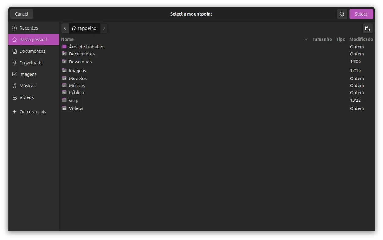 Selecionando o Ponto de Montagem onde o Onedrive será acessado