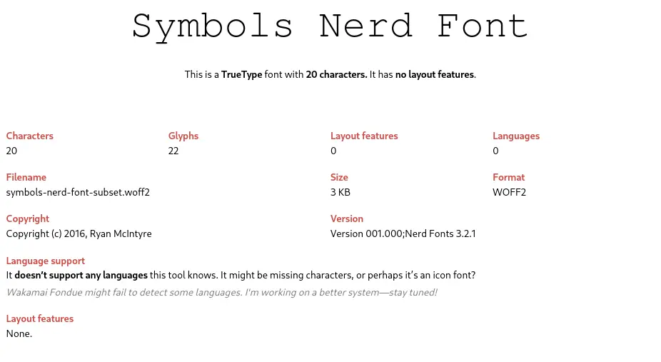 A Symbols Nerd Font com apenas vinte caracteres