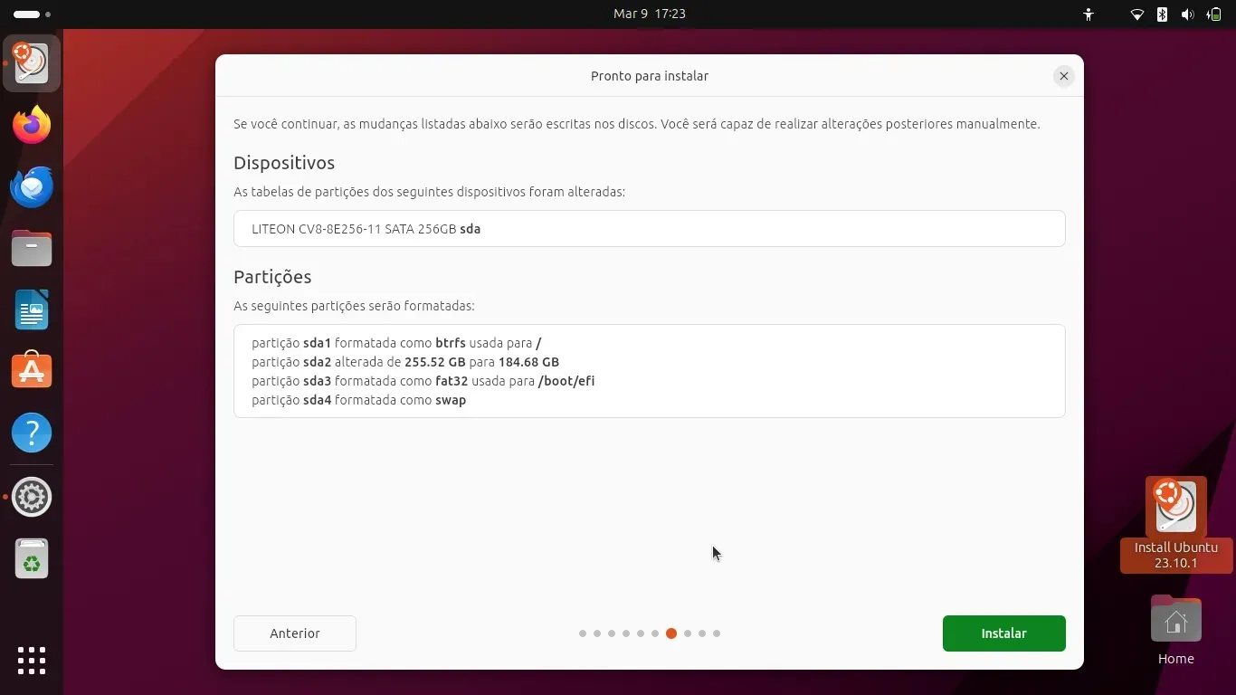 Tudo certo para começar a instalar o Ubuntu 23.10 nessas partições