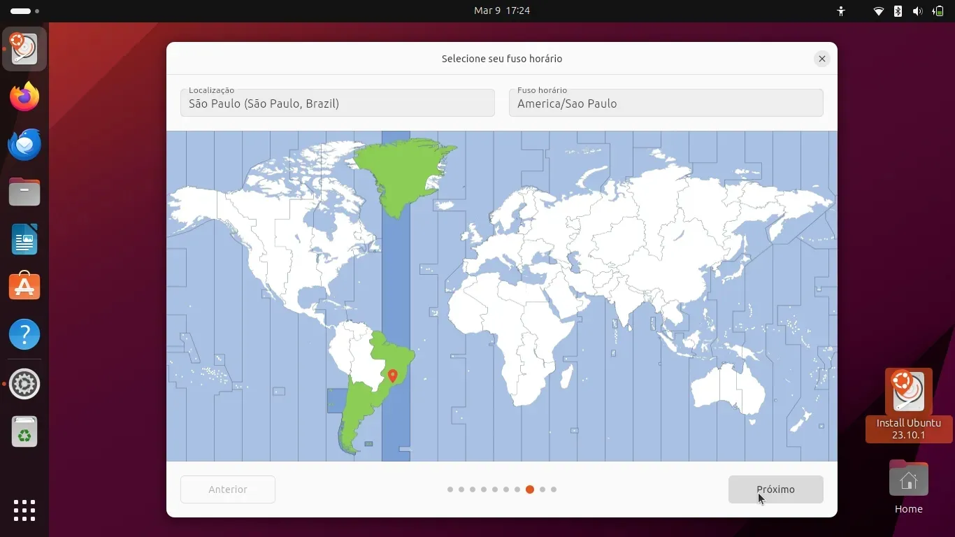 Indo para as configurações finais, começando pelo Fuso Horário
