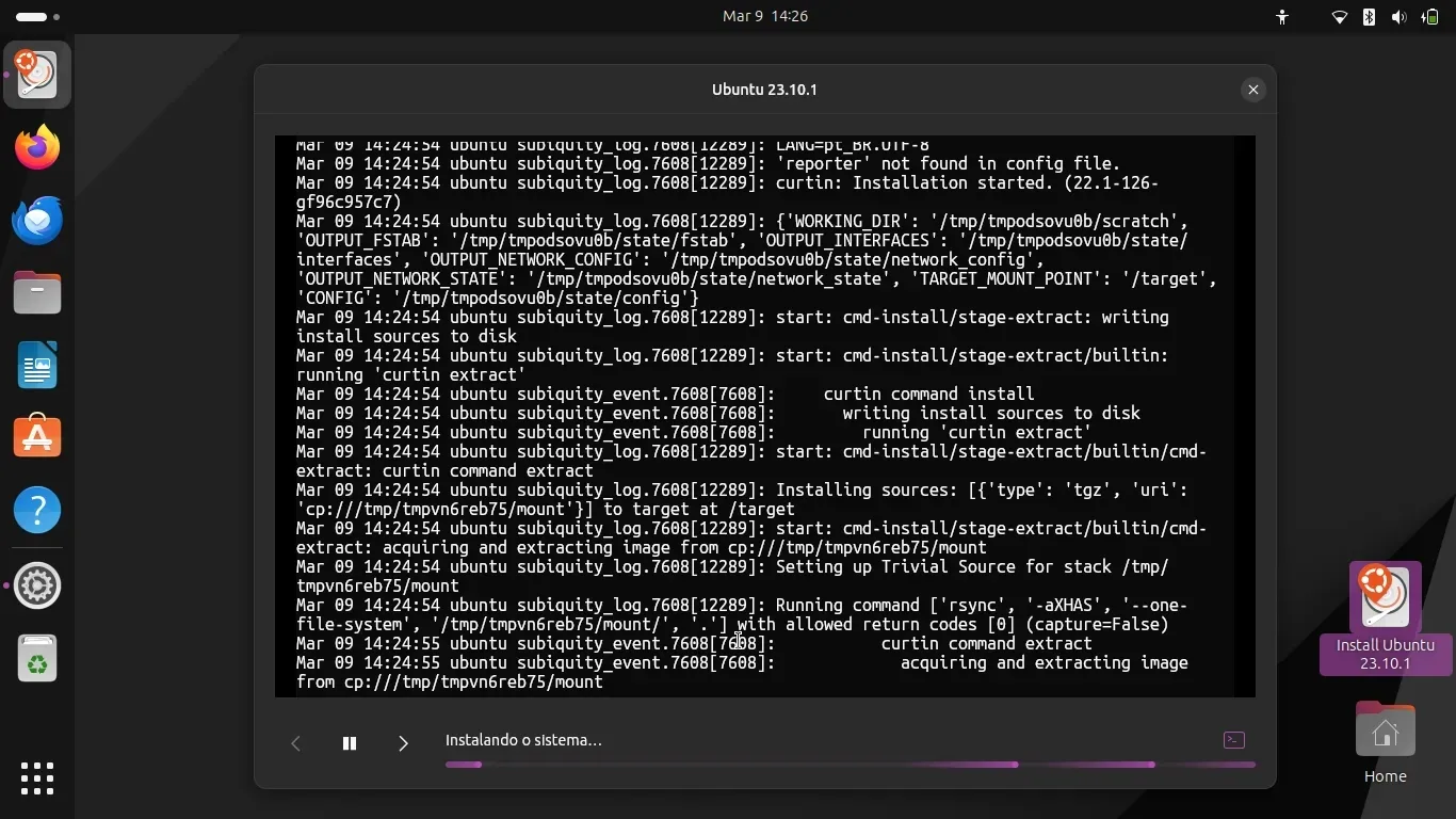 Começando a Instalar, mostrando o Log de Instalação