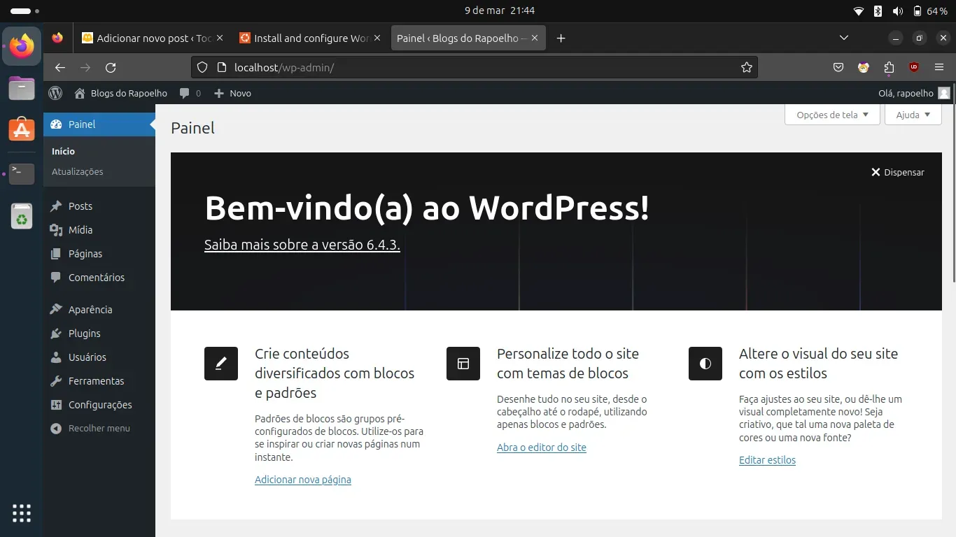 Painel do Wordpesss instalado no Ubuntu