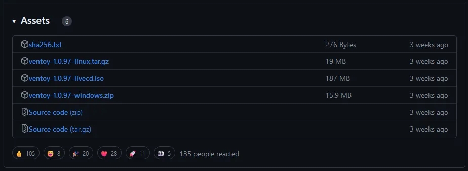 As opções de Download do Ventoy