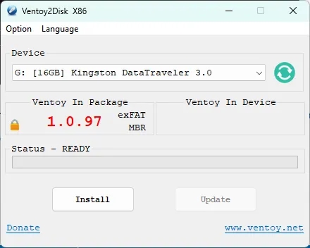 Tela inicial do Ventoy